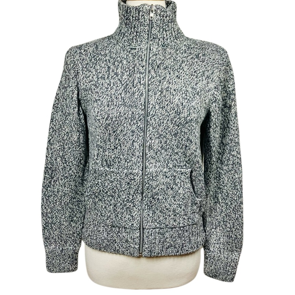GAP Gray and White Marled Knit Mock Neck Sweater Full Zip Women's Size Medium